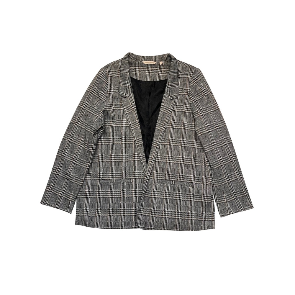 Soft Surroundings Black Brown Glen Plaid Open Front Preppy Knit Blazer Size PL